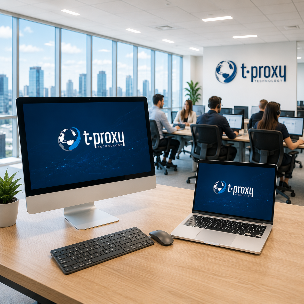 Ambiente corporativo T-Proxy Technology com equipamentos de TI